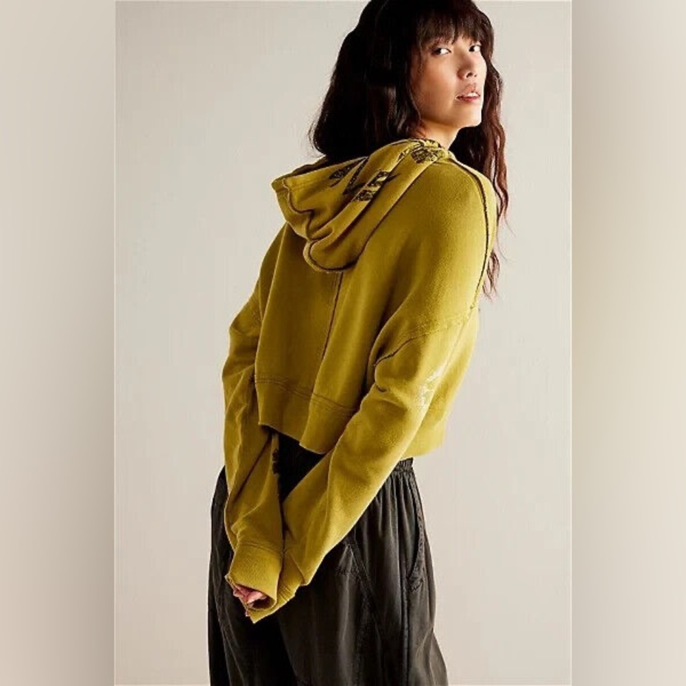 Free People We The Free Love Again Hoodie Cropped Top in Avocado Oil - Picture 3 of 10